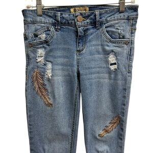 Democracy Distressed Feather Embroidered Girlfriend Jeans